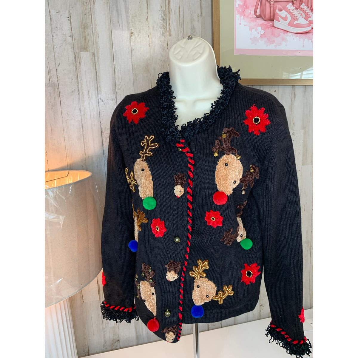 Jack B. Quick Cardigan Sweater Womens Petite Small Black Reindeer Christmas