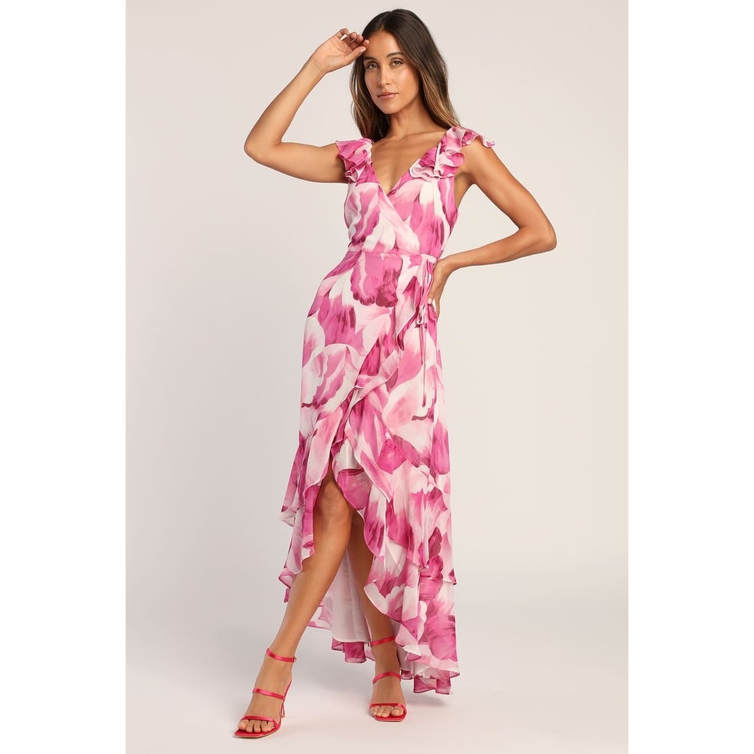 Lulus Women's XL Elevate the Occasion Pink Floral Ruffled Wrap High-Low Dress