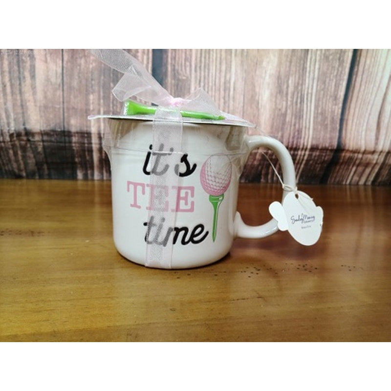 Mud Pie It's Tee Time Golf Mug White w/ Plaid Coasters NWT