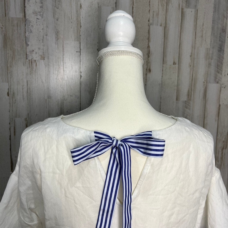 Polagram Women's White Bell Sleeve Blouse Blue Stripe Trim Size Small