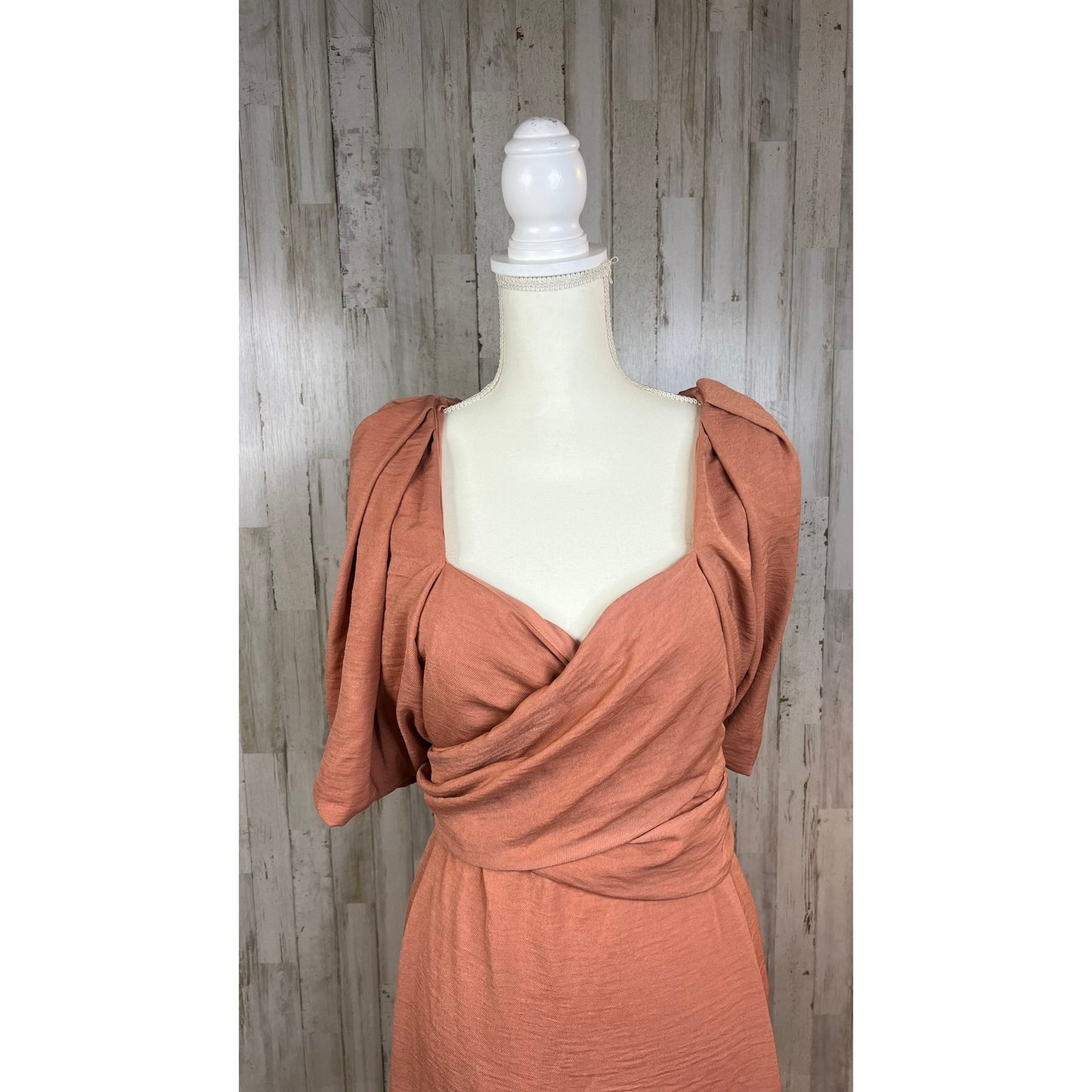 NWT ASOS DESIGN Women's Size 14 Coral V-Neck Wrap Front Mini Dress Puff Sleeves