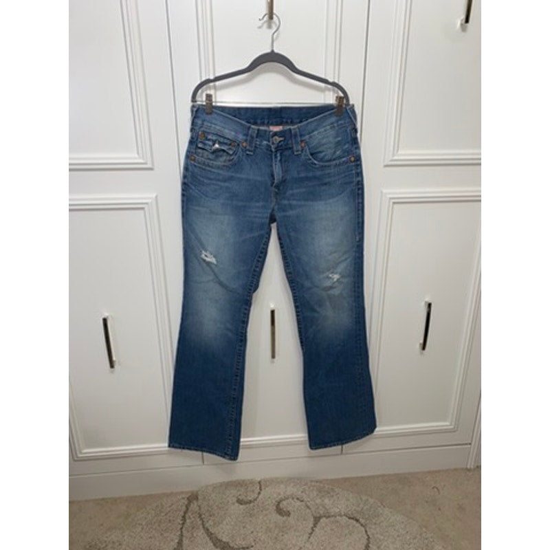 True Religion Men's Blue Straight Jeans Size 34 Distressed Flap Pockets