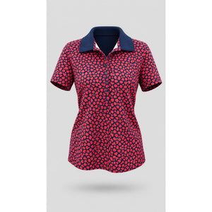 Lands' End Polo Shirt Womens Plus 1X Navy Blue Red Heart Print Short