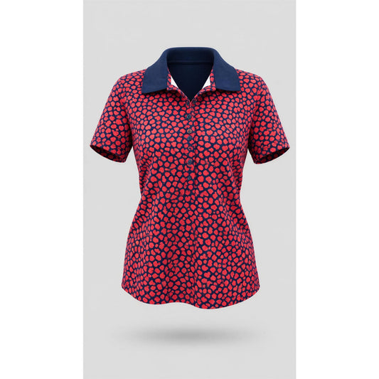 Lands' End Polo Shirt Womens Plus 1X Navy Blue Red Heart Print Short