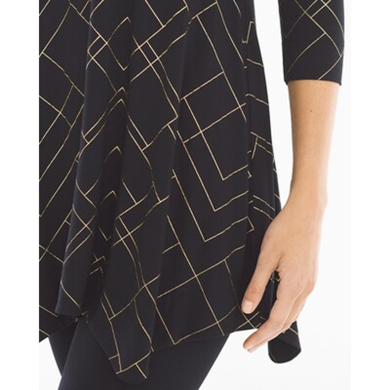 Soma Women's Medium Black & Gold Geometric Print 3/4 Sleeve Tunic Blouse