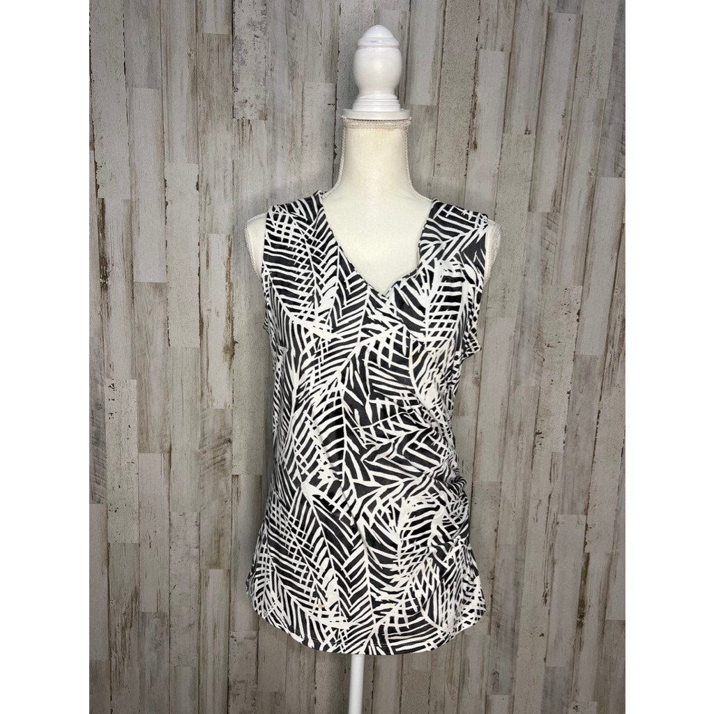 Talbots Women's Medium Black & White Leaf Print V-Neck Sleeveless Tank Top