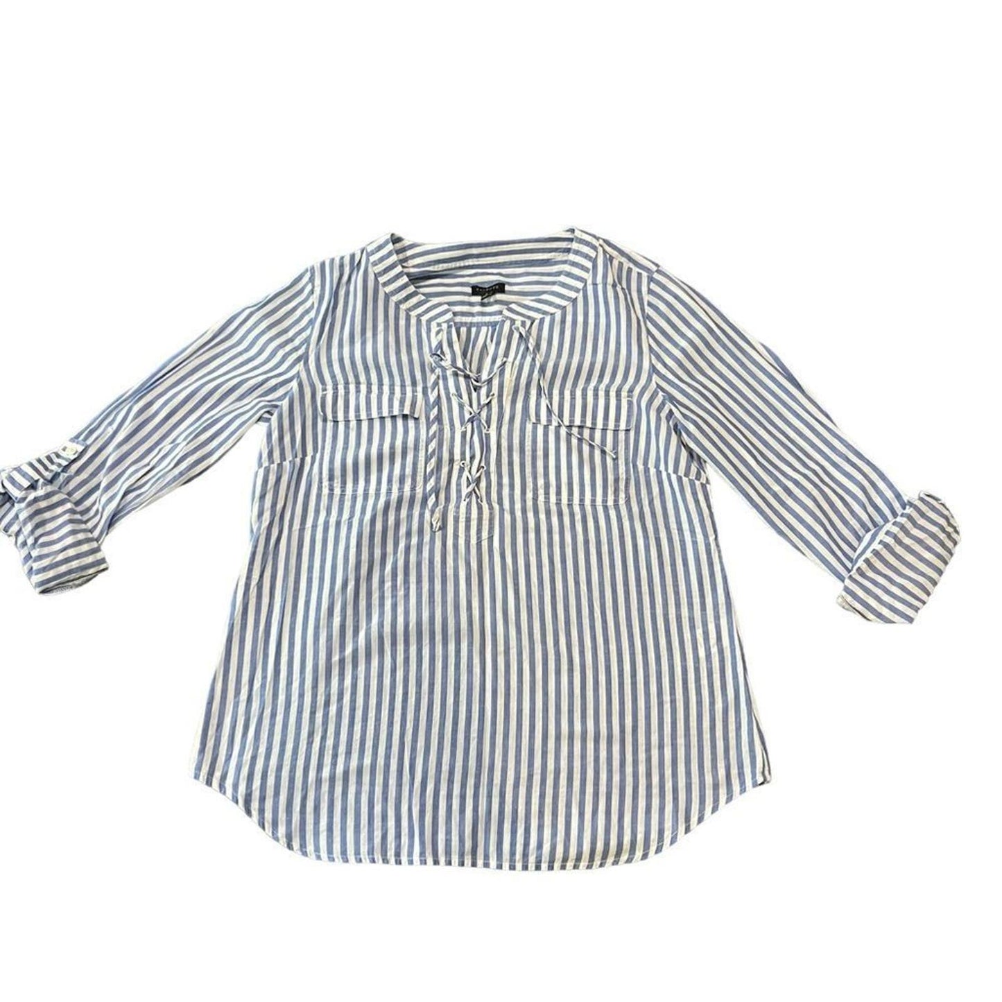 Talbots Blue & White Front Tie Striped Tunic Blouse Top Top Size Small