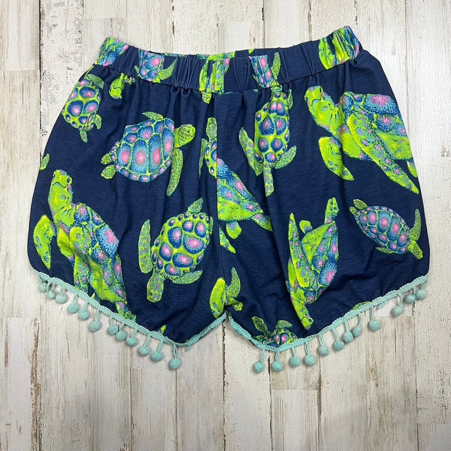 Simply Southern Women's Lounge Shorts S/M Navy Green Sea Turtle Pom-Pom Trim