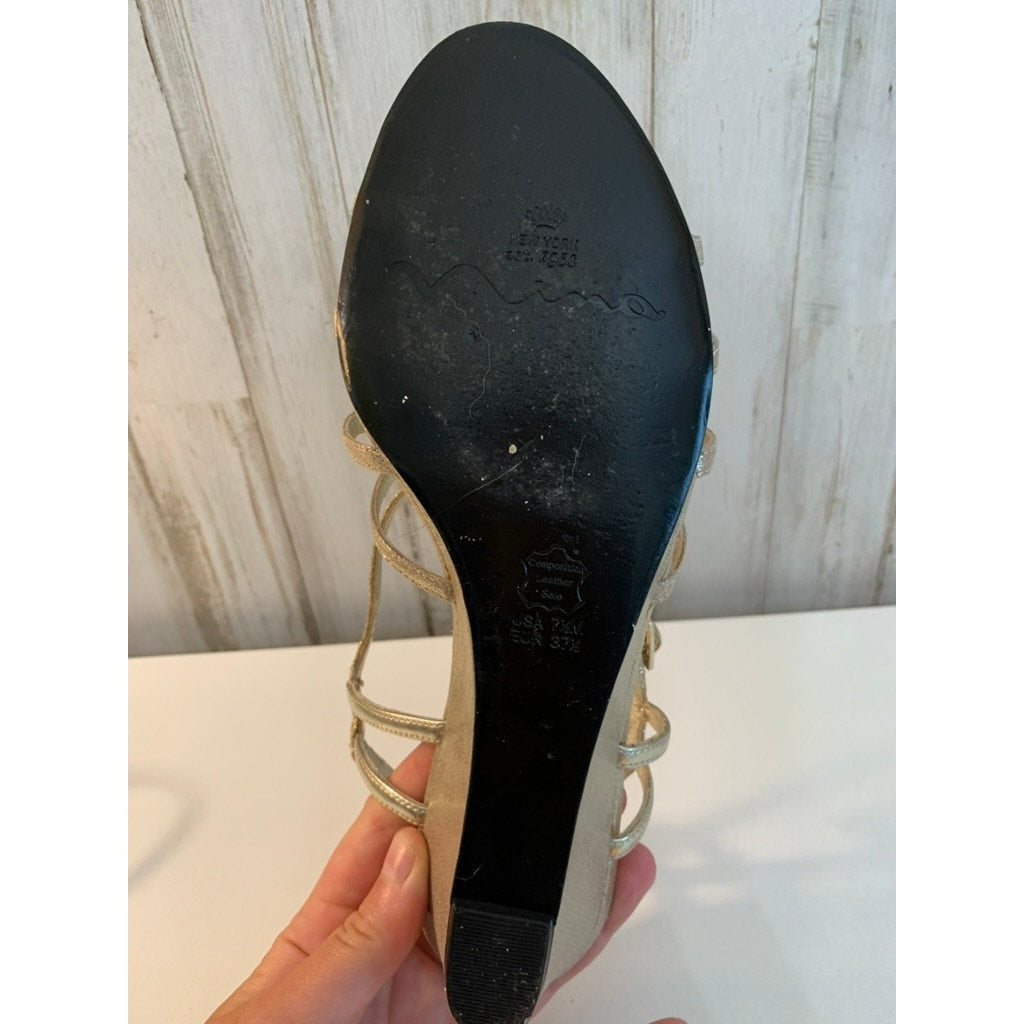 Nina Bibiana Wedge Sandals Womens 7.5 Wide Gold Glitter