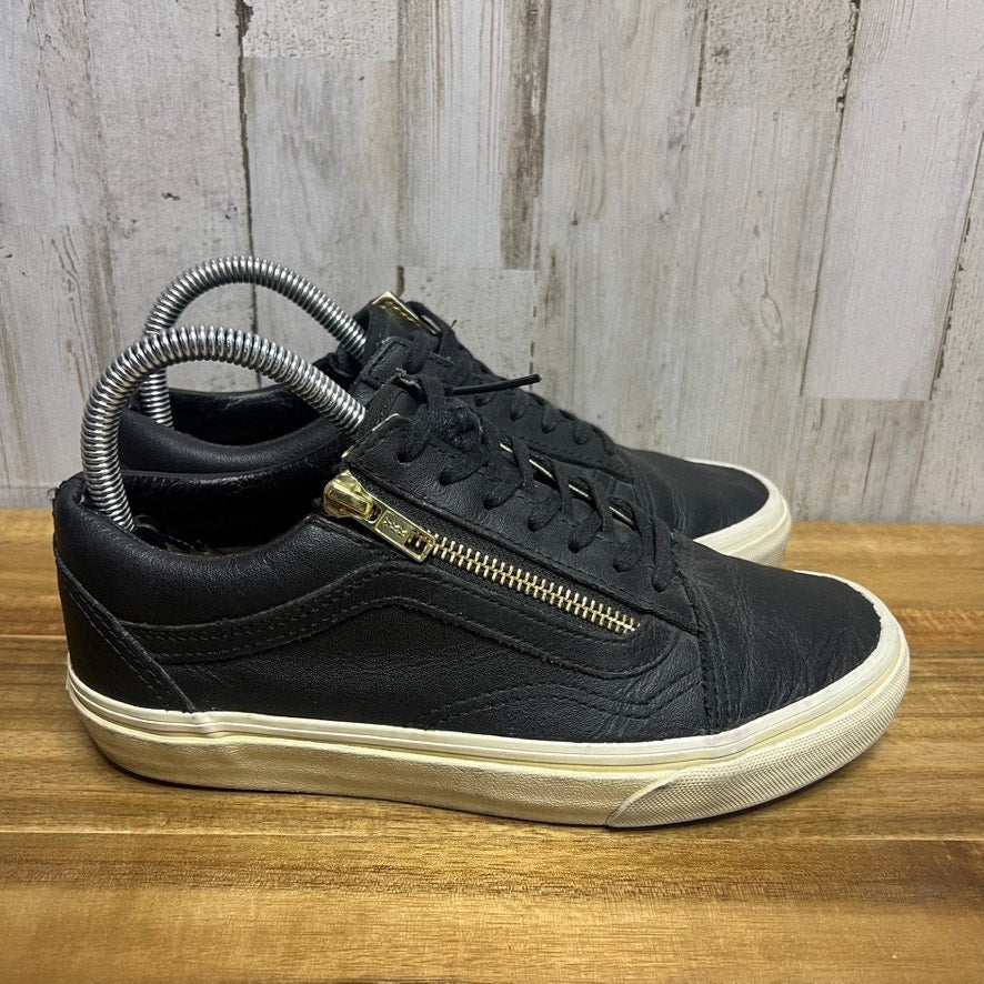 Vans Old Skool Women's Black Leather Sneakers Gold Side-Zip Size 6.5