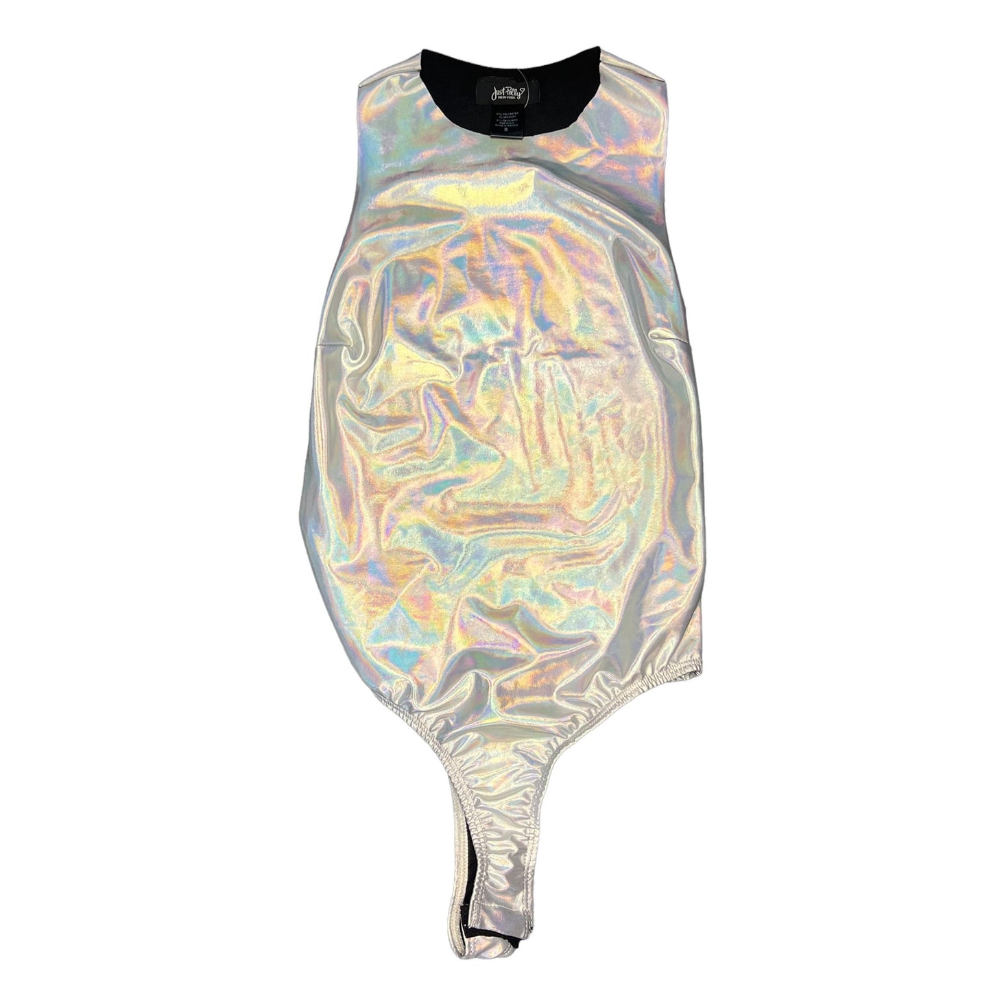 Just Polly Women's Small Silver Holographic High Neck Sleeveless Bodysuit