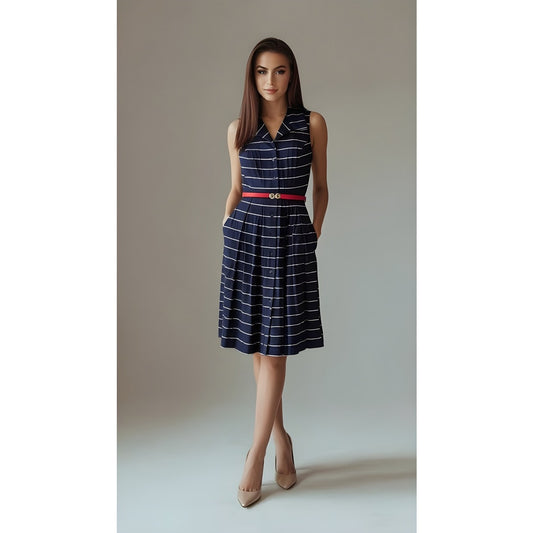 Talbots Women's 10P Navy & White Striped Sleeveless Dress w/ Red Belt