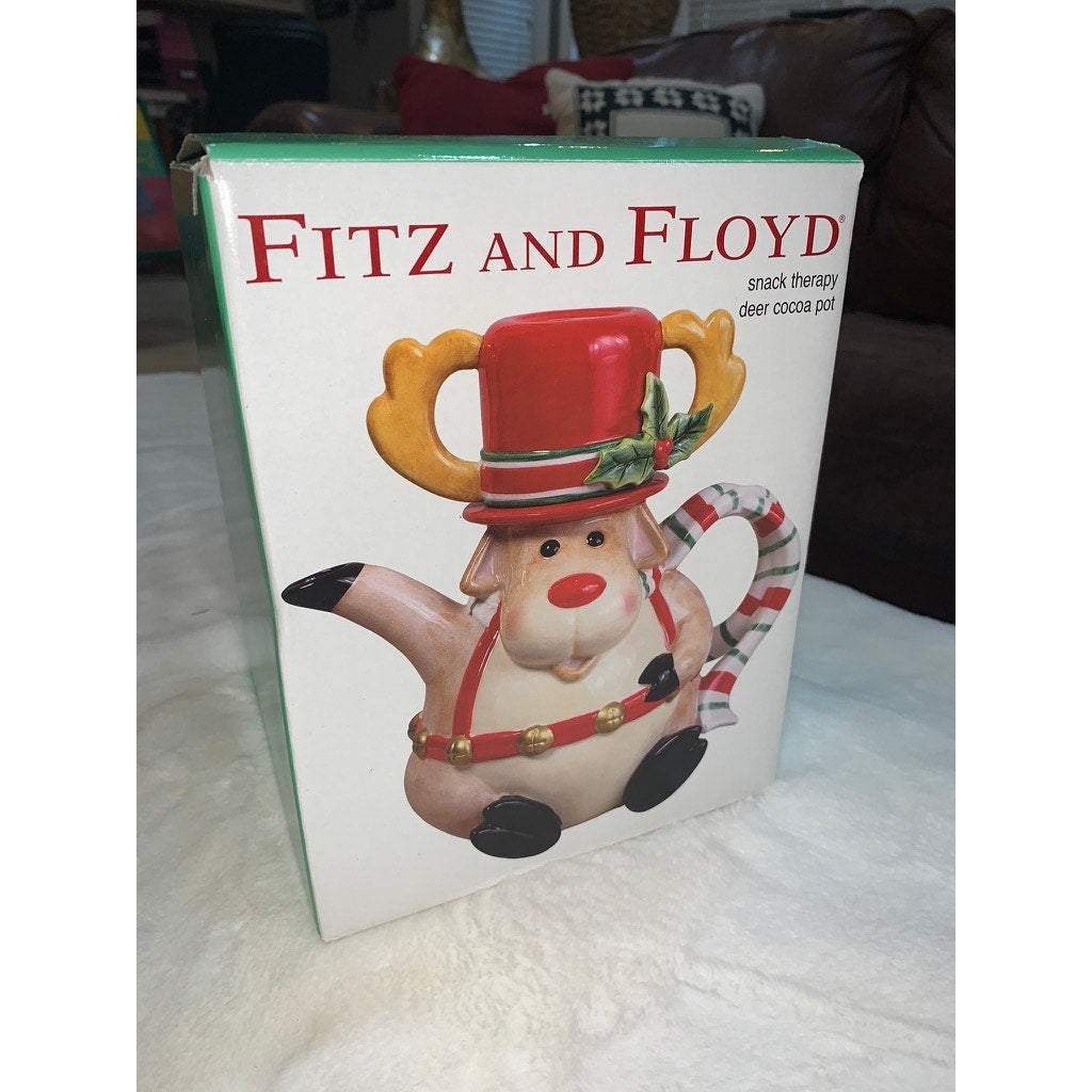 NEW IN BOX Fitz & Floyd Reindeer Cocoa Pot Teapot Christmas Festive Decor 9"