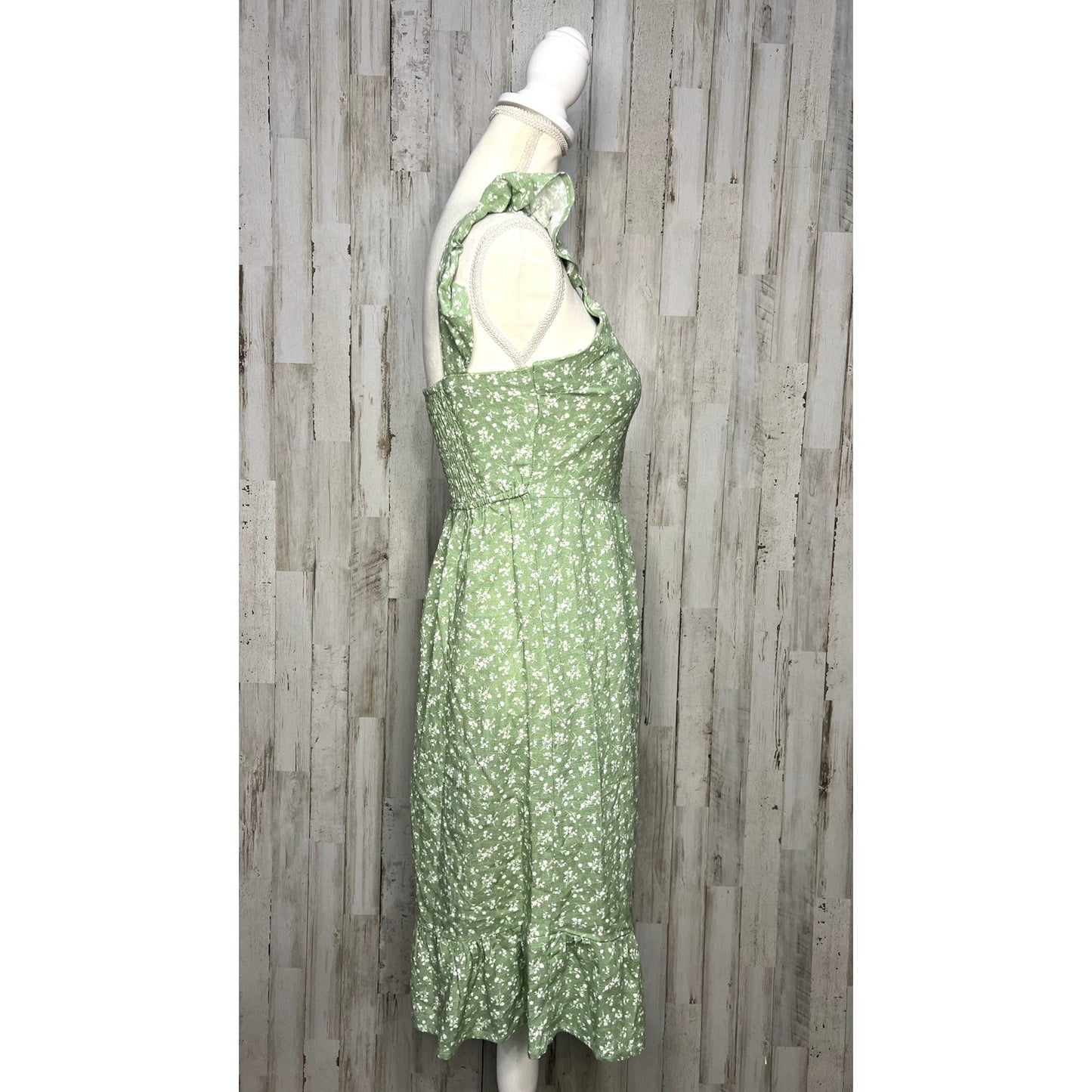 Monteau Women's Small Green Floral Button-Up Midi Dress Casual Spring