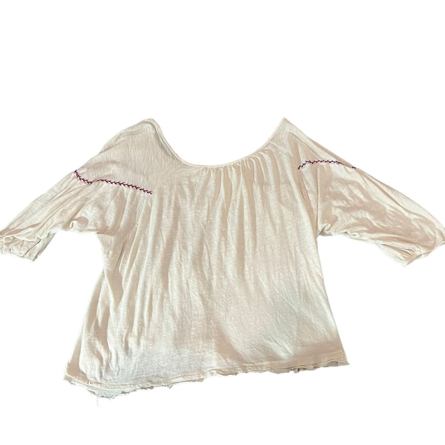 Free People Ivory 3/4 Balloon Sleeve Boho Embroidered Grommet Blouse - Medium