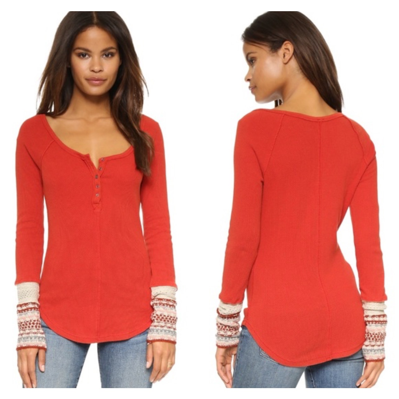 Free People Women’s Medium Orange Henley Waffle Knit Thermal Long Sleeve Shirt