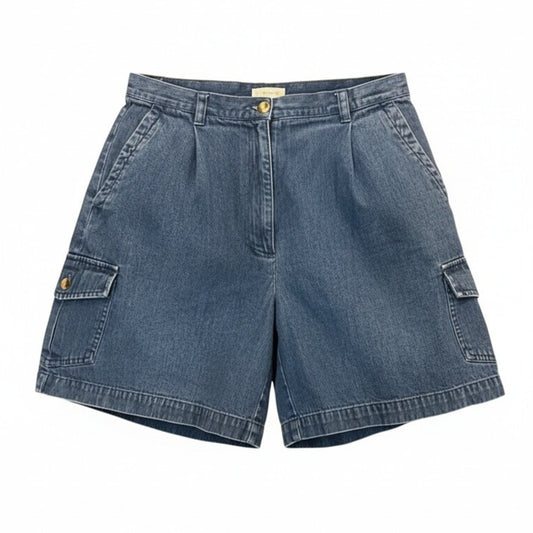 Talbots Petites Cargo Shorts Womens 12P Blue Medium Wash High Rise Pleated