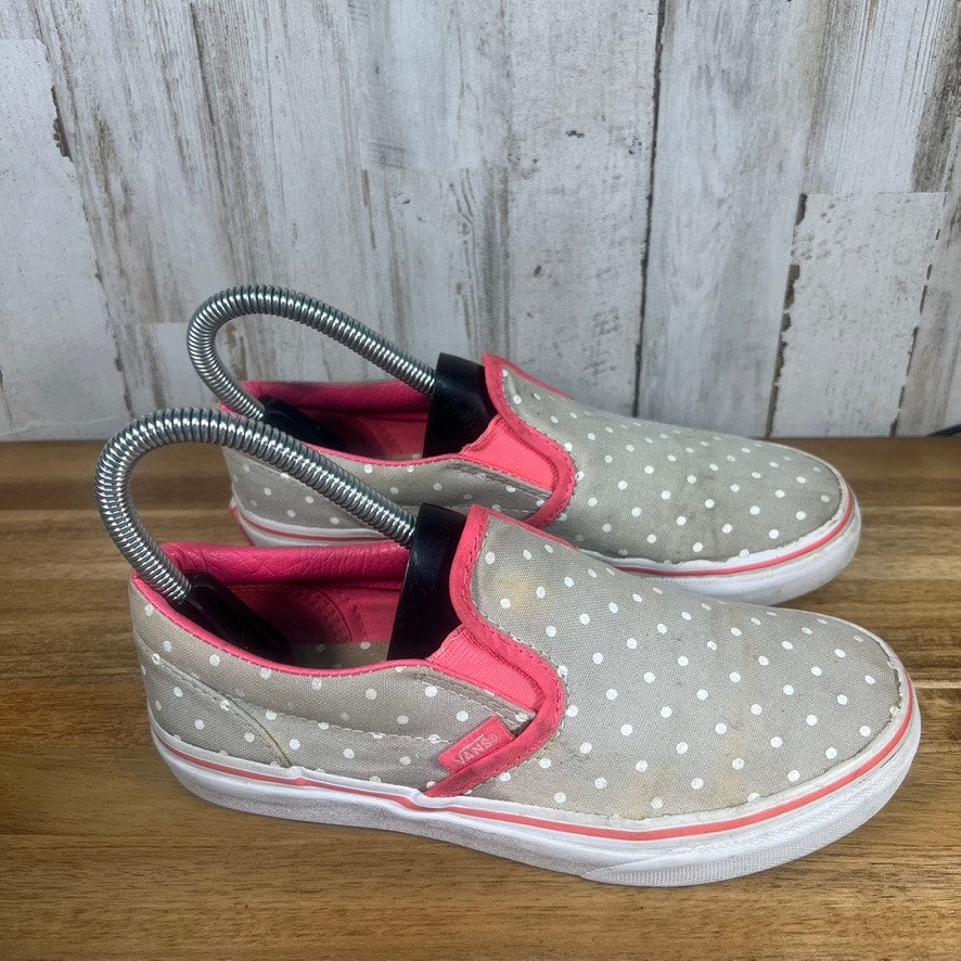 Vans Youth Size 3 Gray & Pink Polka Dot Slip-On Low Top Sneakers