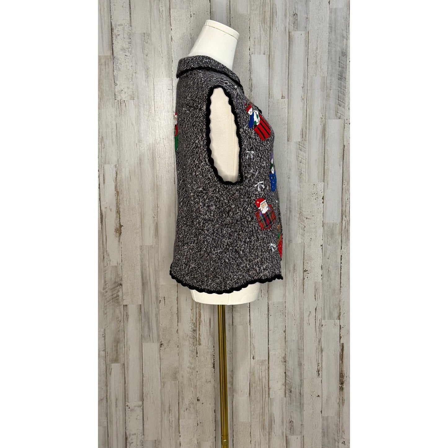 Vintage Christmas Sweater Vest Women's Large Gray Snowman & Santa Design