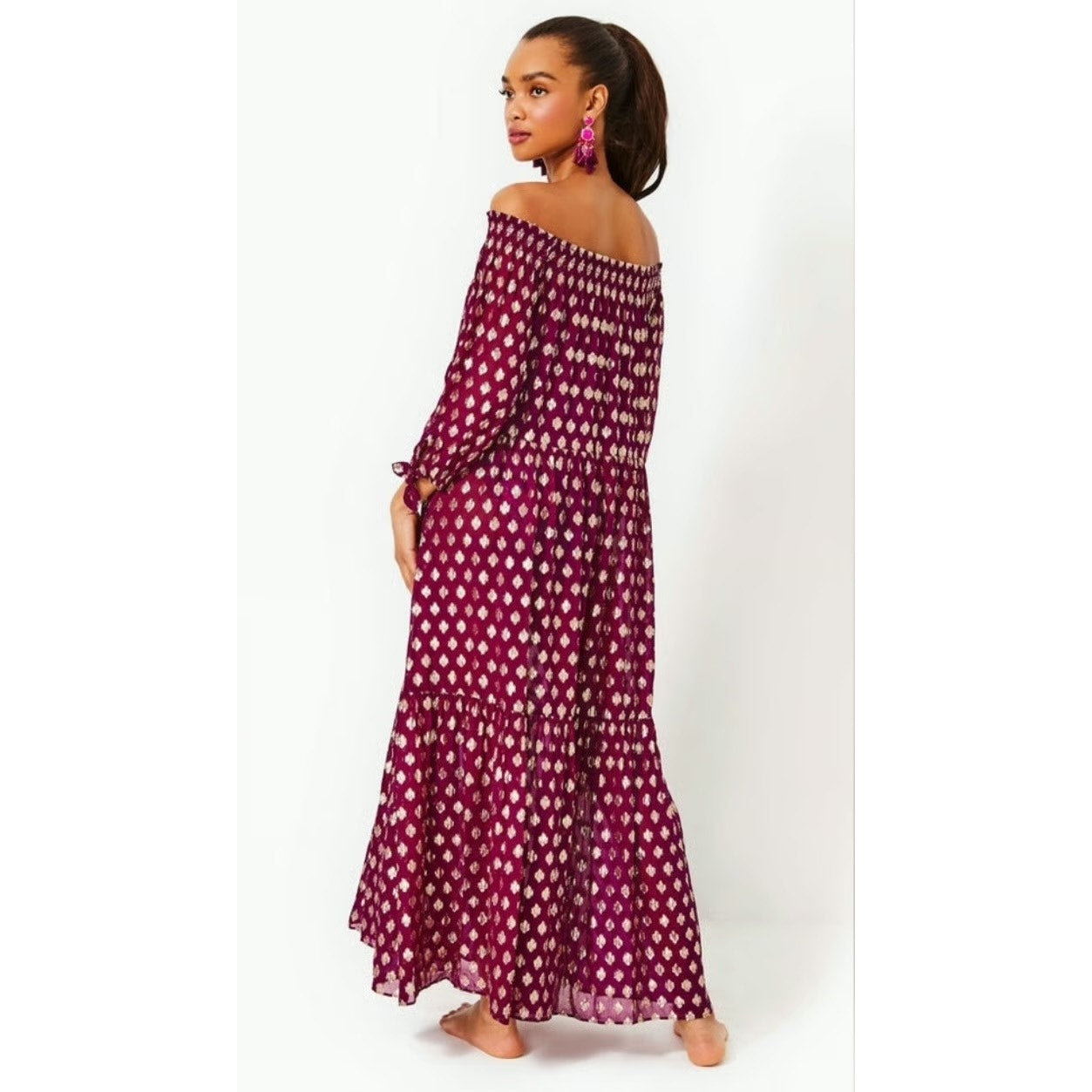 NWT Lilly Pulitzer Women's Dayla Off-Shoulder Maxi Cover-Up Small Amarena Cherry