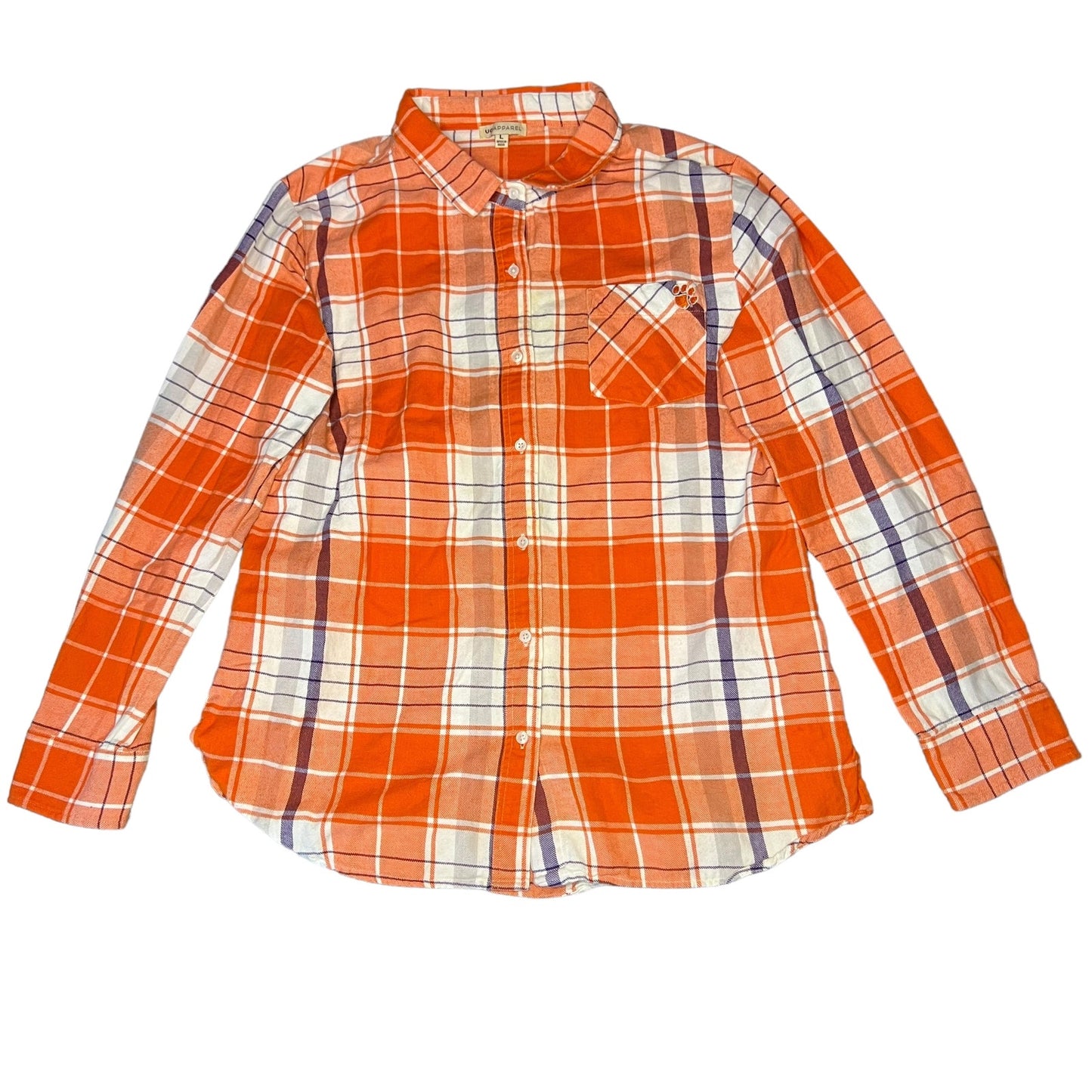 UG Apparel Women's Large Clemson Tigers Orange Plaid Button-Up Collared Shirt