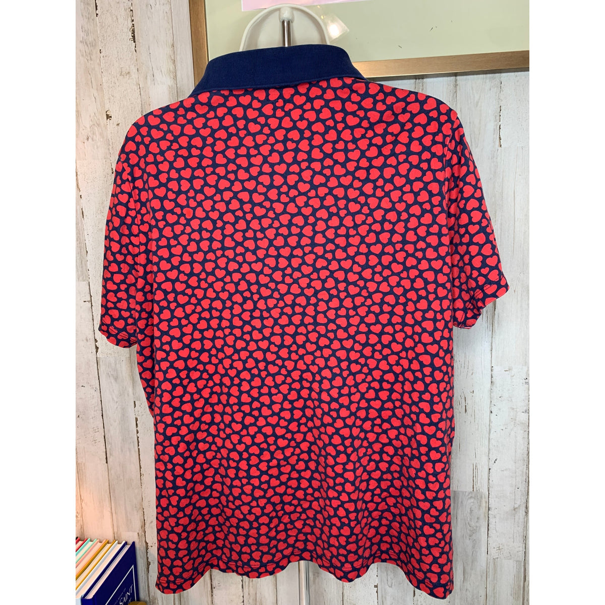 Lands' End Polo Shirt Womens Plus 1X Navy Blue Red Heart Print Short