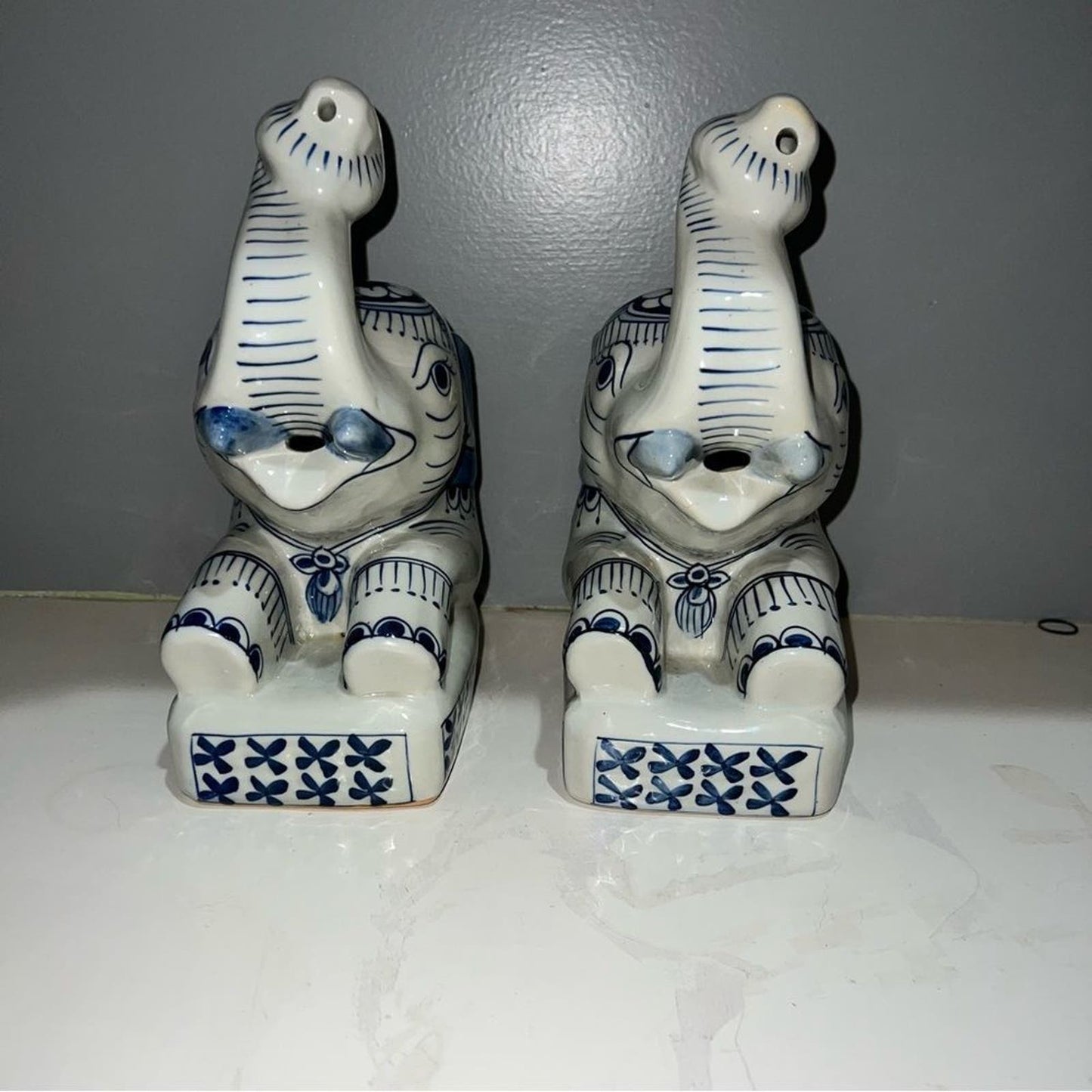 Pair of Vintage Blue White Ceramic Asian Elephant Bookends Nora Fenton Thai