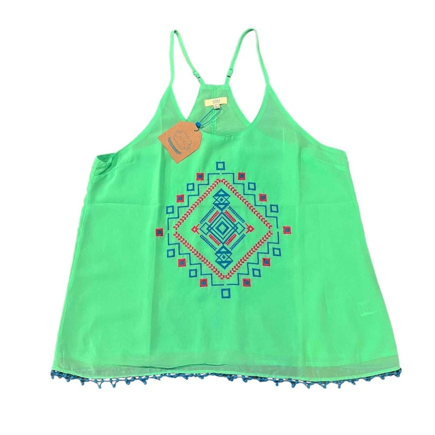 NWT KORI America Tank Top Womens Large Bright Green Racerback Boho Tassel Hem