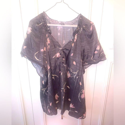 Wonderly Grey Floral s/s peasant top 2X