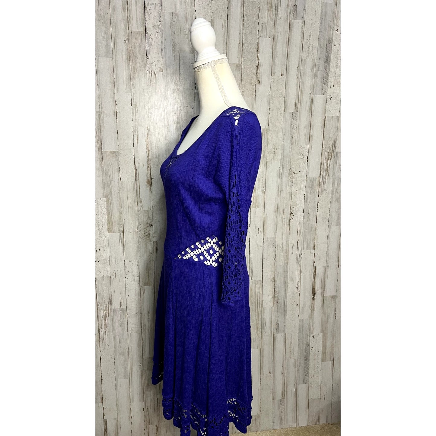 Free People Women's Blue Knee Length Dress Medium Bohemian Casual 3/4 Sleeve