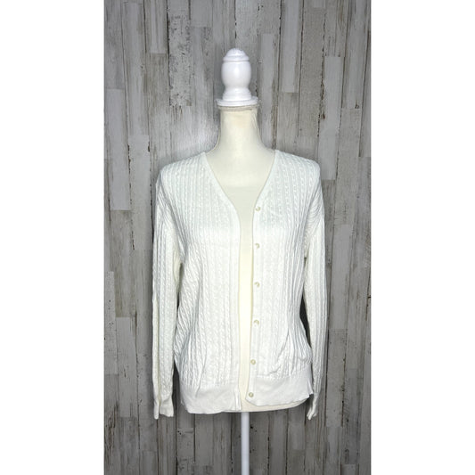 Liz Claiborne Women's Large White Cable Knit Cardigan Sweater V-Neck