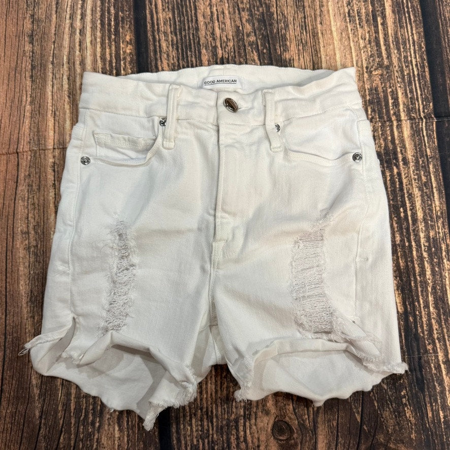 Good American Women's White High Rise Cut Off Distressed Denim Shorts Size 00