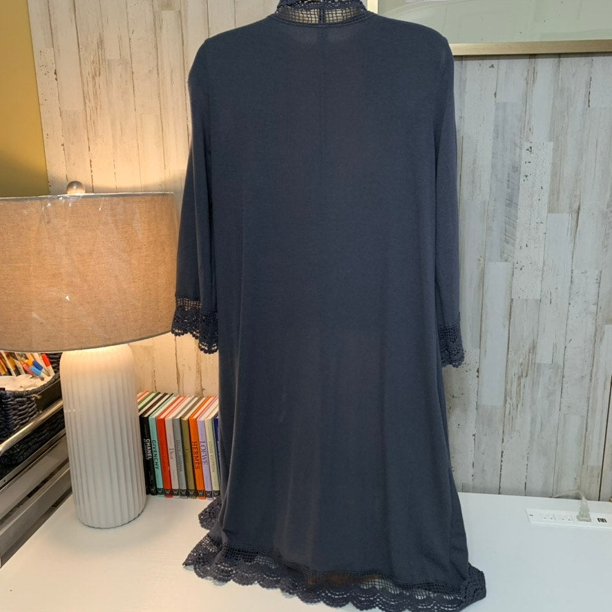 Tickled Teal Cardigan Womens Size S Gray Lace Trim Duster