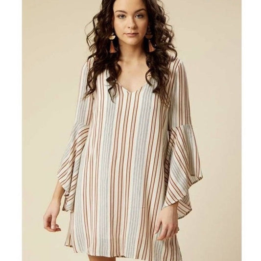 Altar'd State Women's Small Multicolor Long Bell Sleeve V-Neck Striped Dress