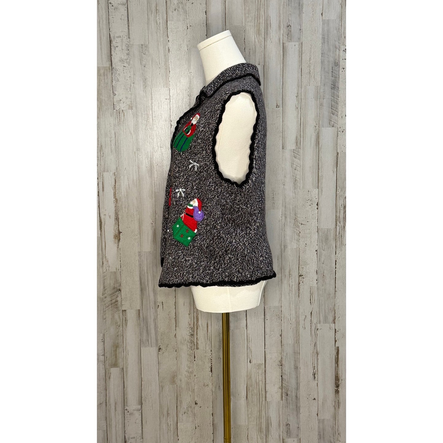 Vintage Christmas Sweater Vest Women's Large Gray Snowman & Santa Design
