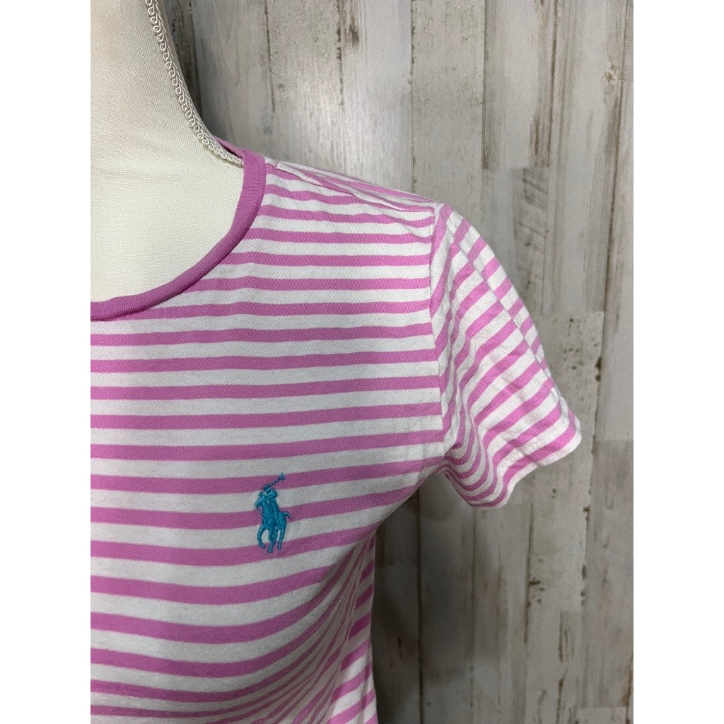 Polo Ralph Lauren Women's Striped T-Shirt Medium Pink & White Casual Crew Neck