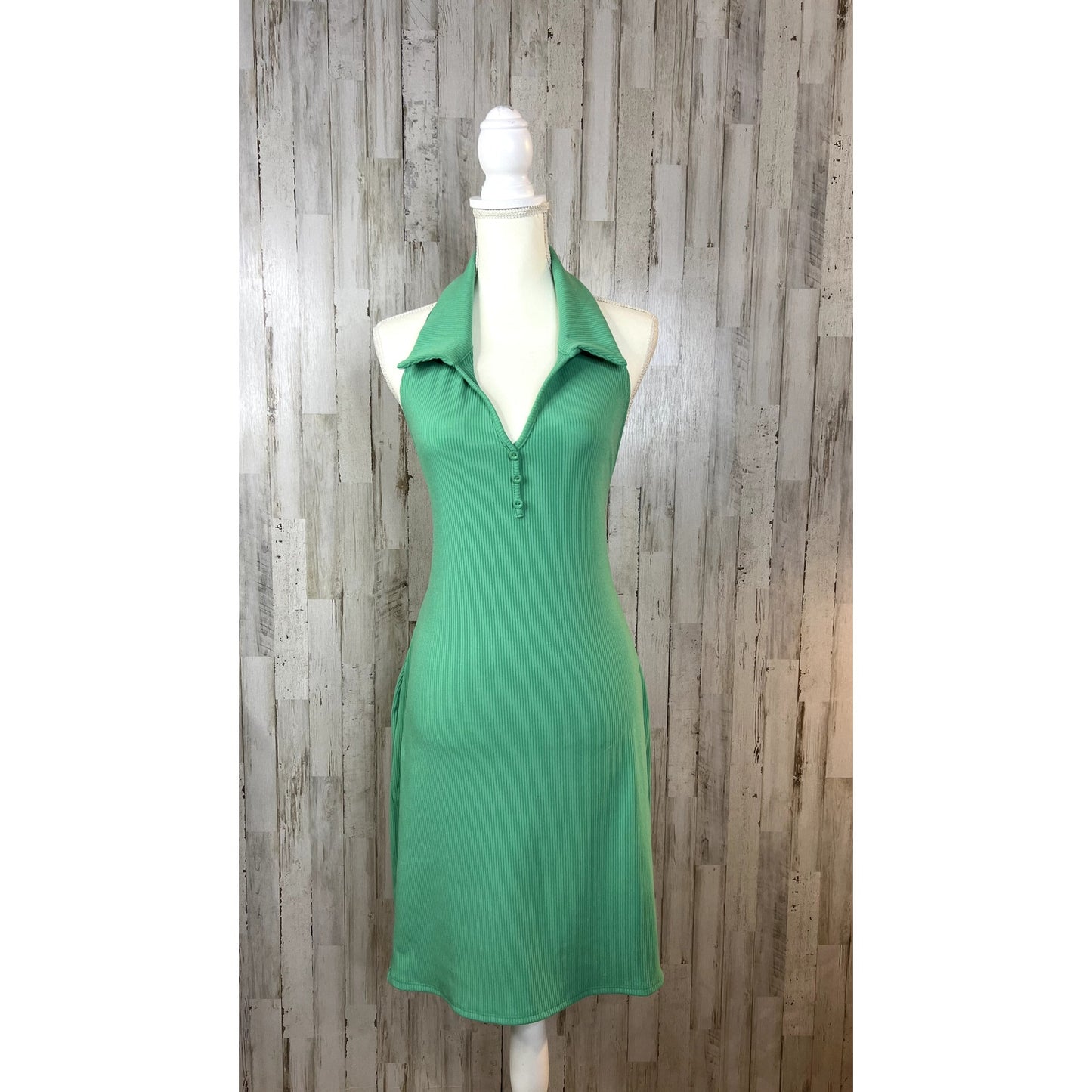 NWT Fashion Nova Women's Plus Size 2X Green Ribbed Halter Collared Mini Dress