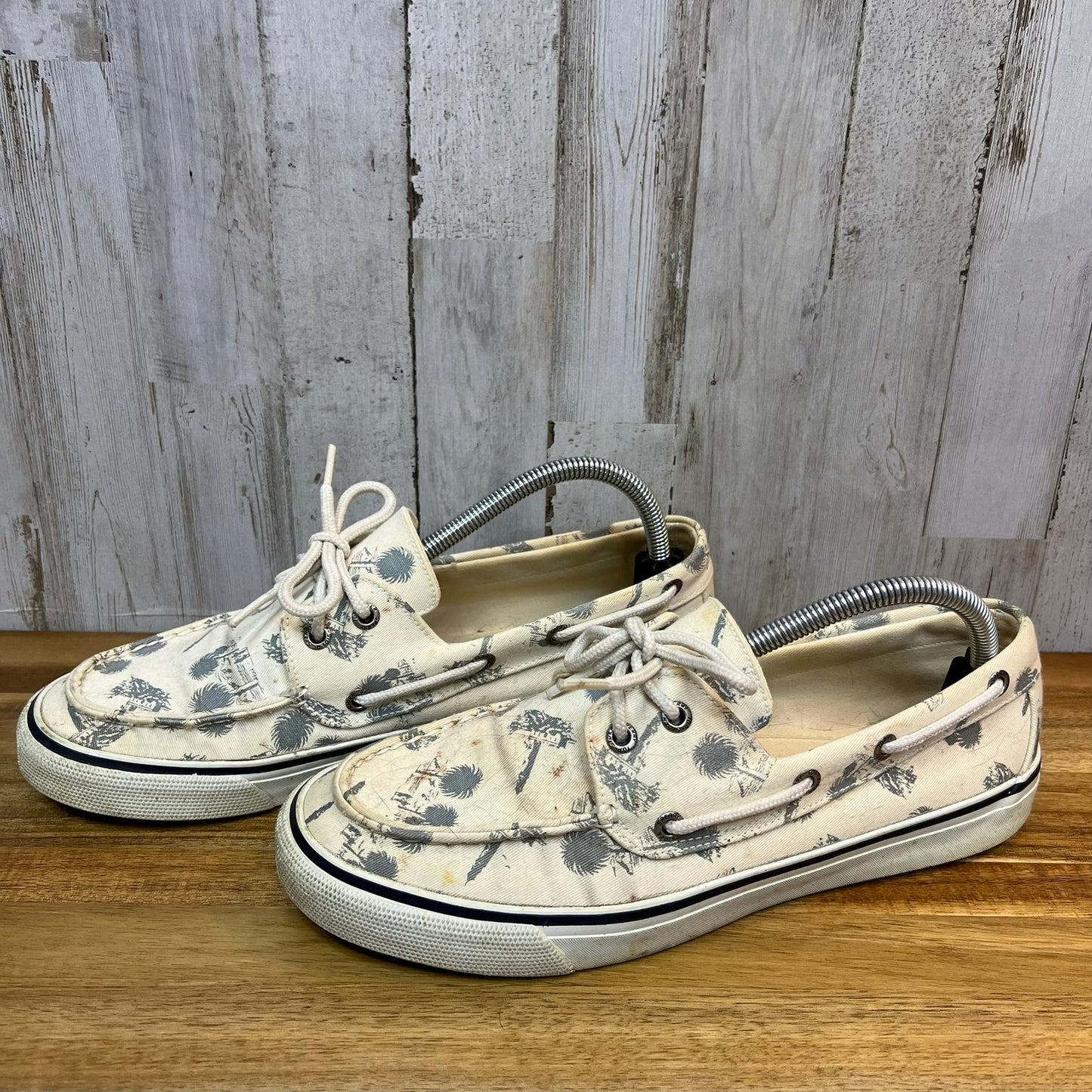 Vintage Sperry Top-Sider Women's 10M Canvas Boat Shoes White Palm Tree Print