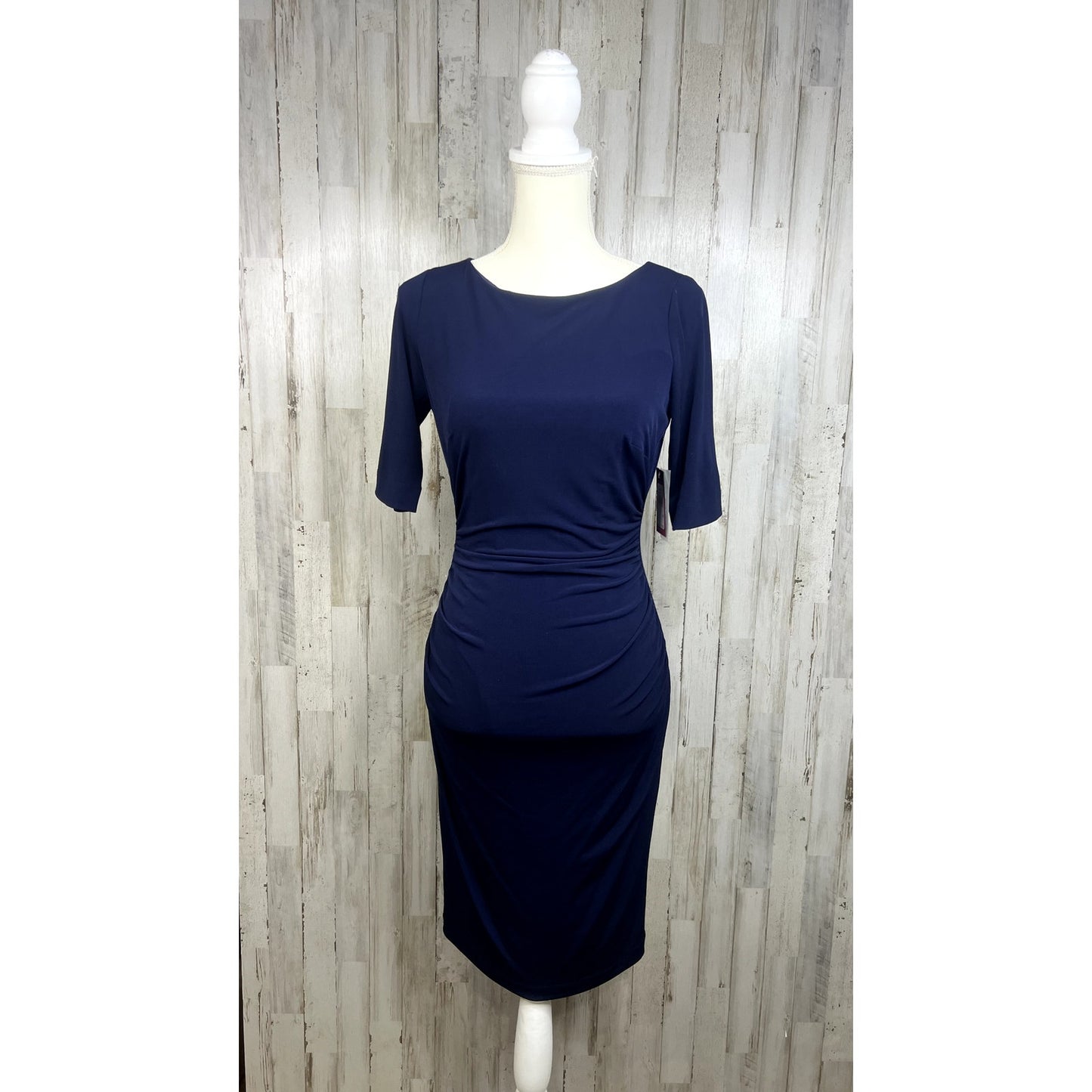 NWT Vince Camuto Women's Ruched Sheath Dress Navy Size 4 Knee Length Half Sleeve