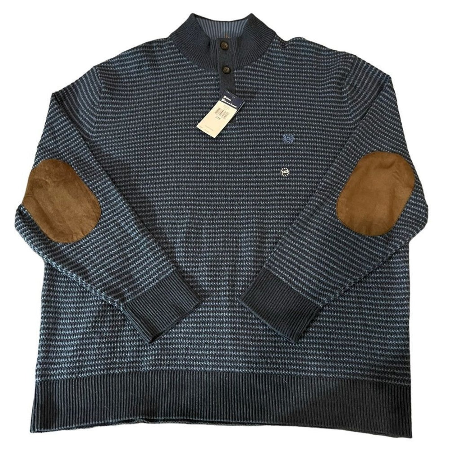 NWT Chaps Henley Sweater Mens 3XB Navy Blue Textured Knit Suede Elbow Patches