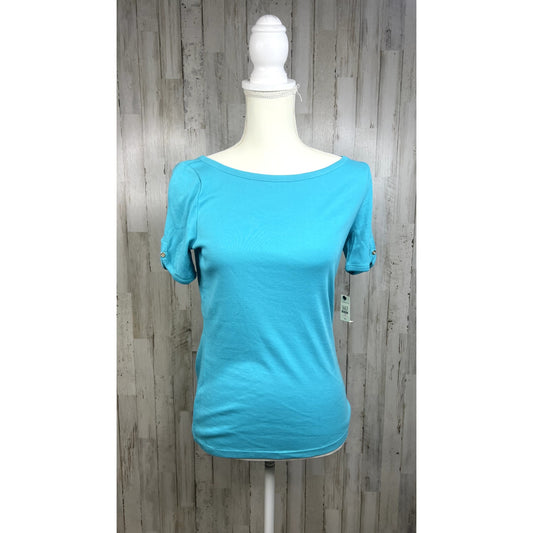 NWT Talbots Women's XS Teal Short Sleeve Cotton Top Boat Neck Button Detail