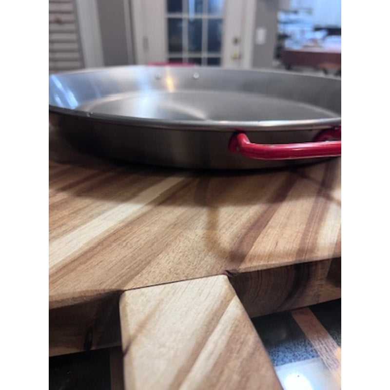 Garcima Paella Pan Silver Round Dimpled Base Red Dual Loop Handles