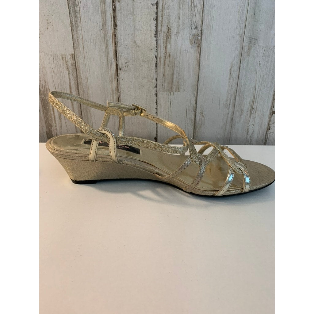 Nina Bibiana Wedge Sandals Womens 7.5 Wide Gold Glitter