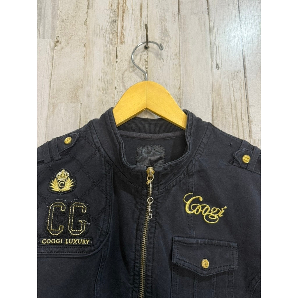 Coogi Women's Black Bomber Jacket Gold Embroidery Size Small Casual Zip-Up