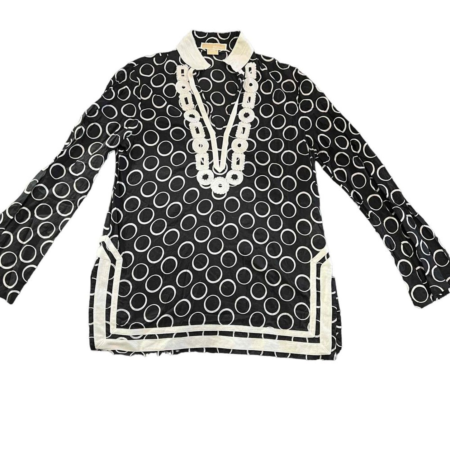 Michael Kors Tunic Top Womens Medium Black White Geometric Circle Print V-Neck