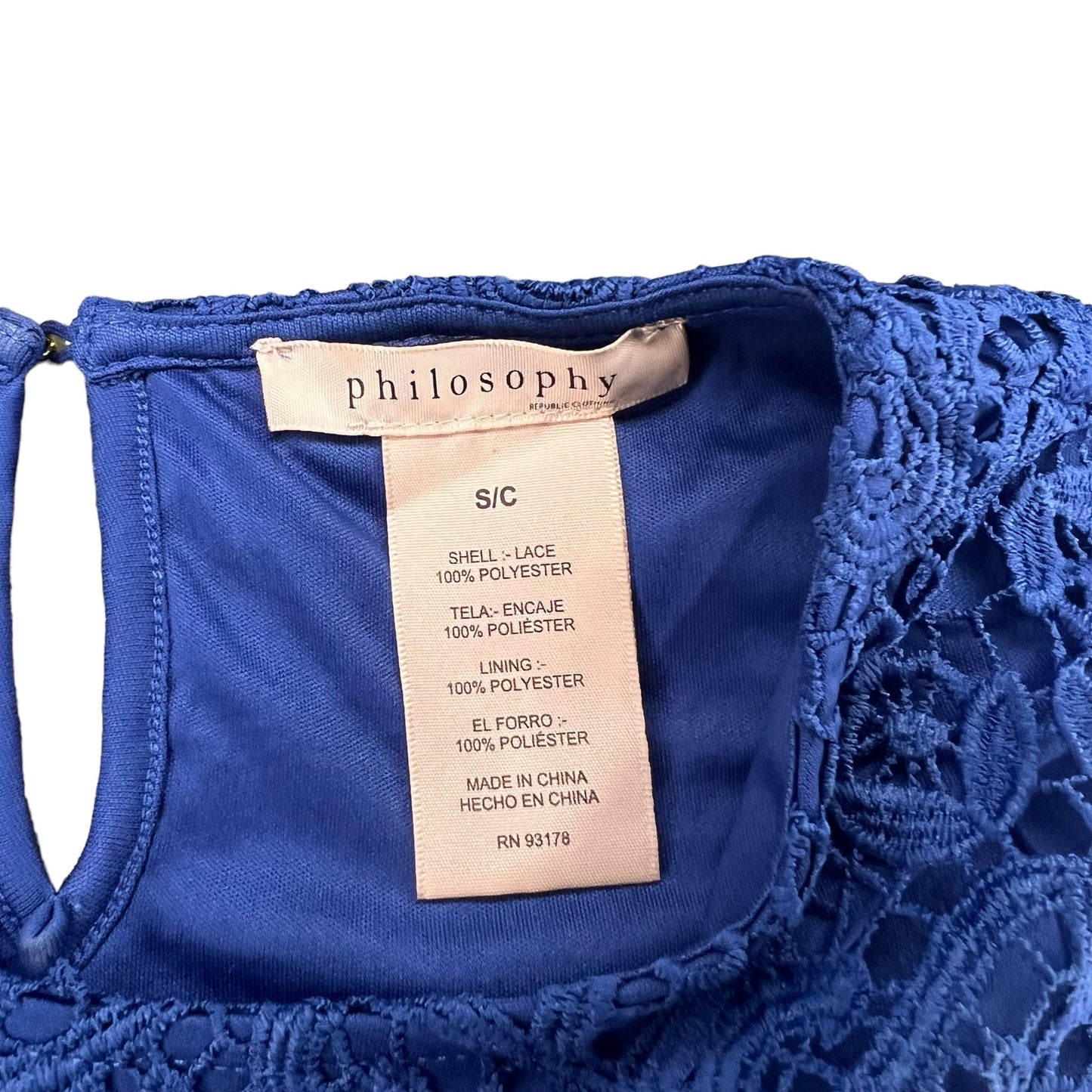 Philosophy Women's Small  Cobalt Blue Crochet Lace Overlay Short Sleeve Blouse