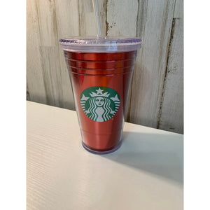 Starbucks Red Metallic Foil Tumbler 16 oz w/ Lid & Straw