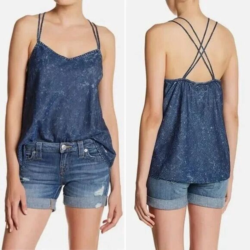 NWT True Religion Women's XL Blue Denim Strappy A-Line Tank Top - Dream Wash