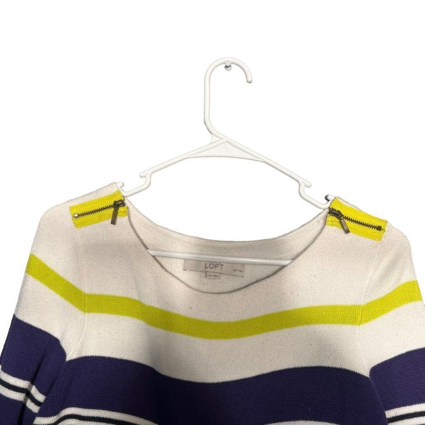 LOFT Blue Sporty Stripe Zip Shoulder 3/4 Slv Knit Sweater Shirt