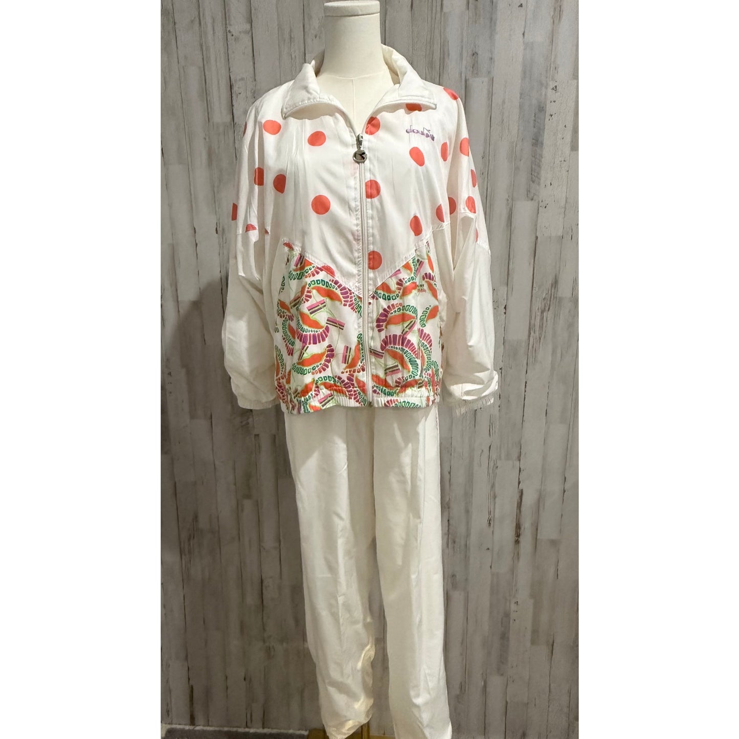 Diadora Tracksuit Set Womens Size Small White Coral Polka Dot Zip Jacket Pants